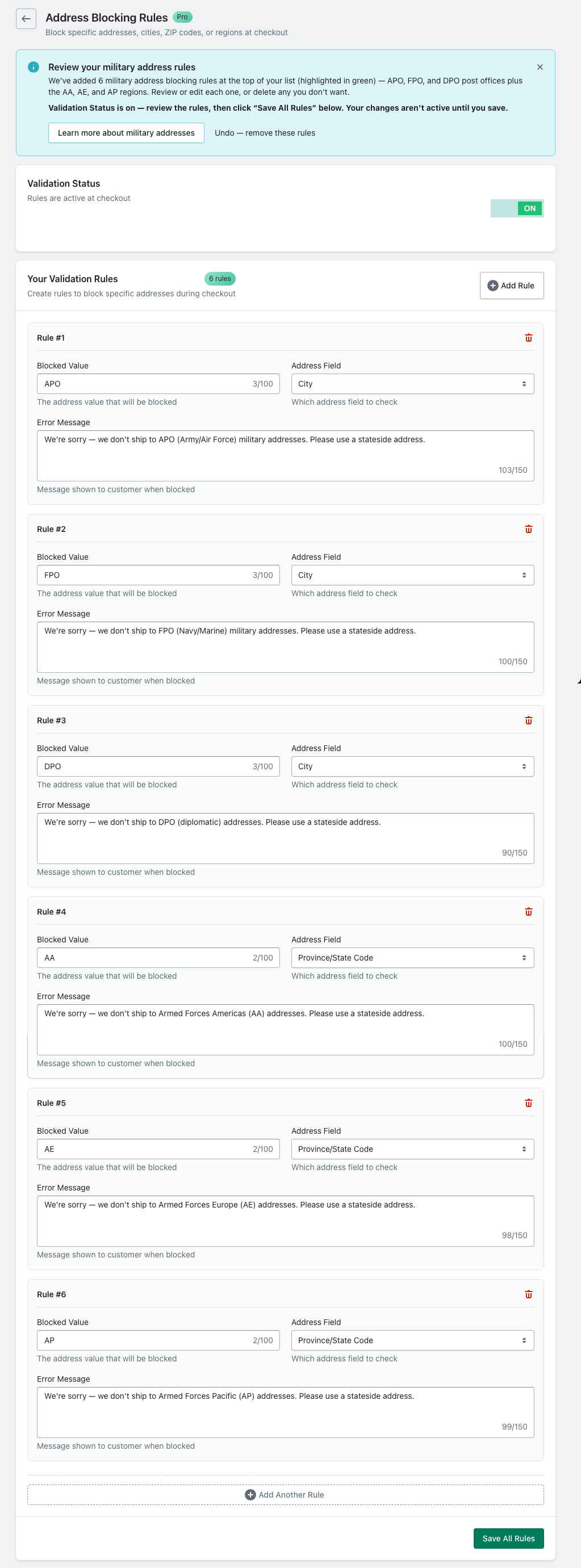 The Address Blocking Rules page after the quick-add: a review banner, Validation Status on, and all six military rules (APO/FPO/DPO on City, AA/AE/AP on State/Province) prefilled at the top, with a Save All Rules button