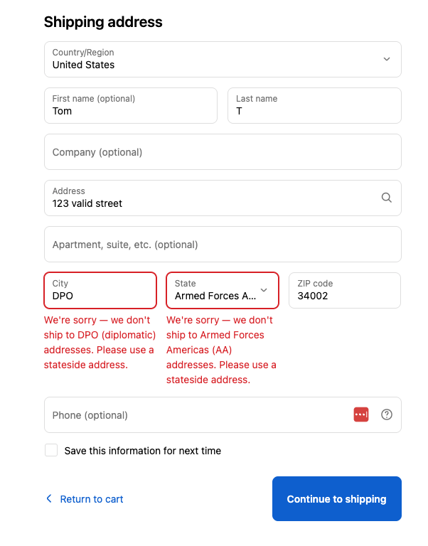 Shopify checkout showing the custom blocking messages for a DPO / Armed Forces Americas (AA) address